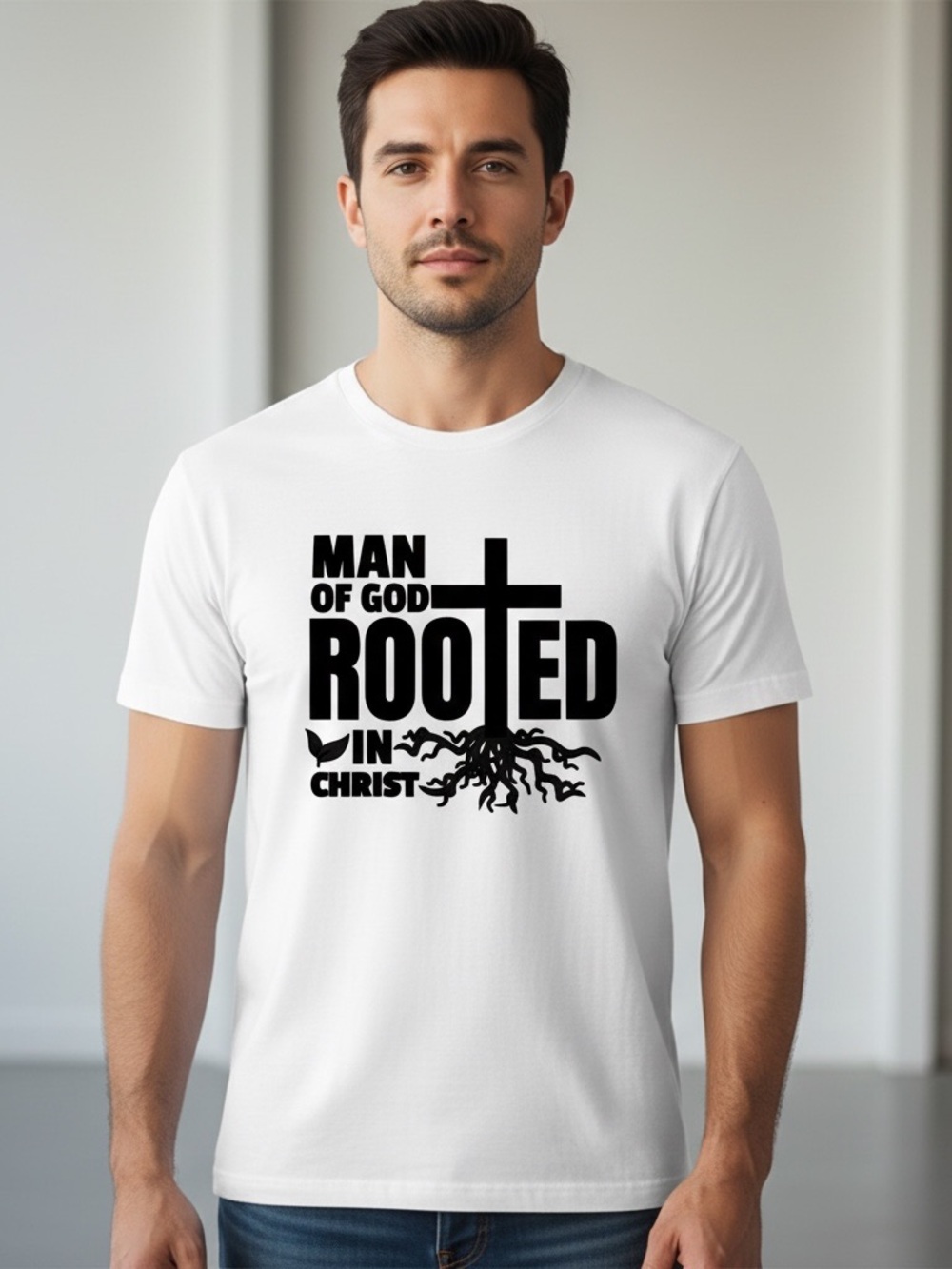 Custom Men's White 'Rooted in Christ' Graphic Tee